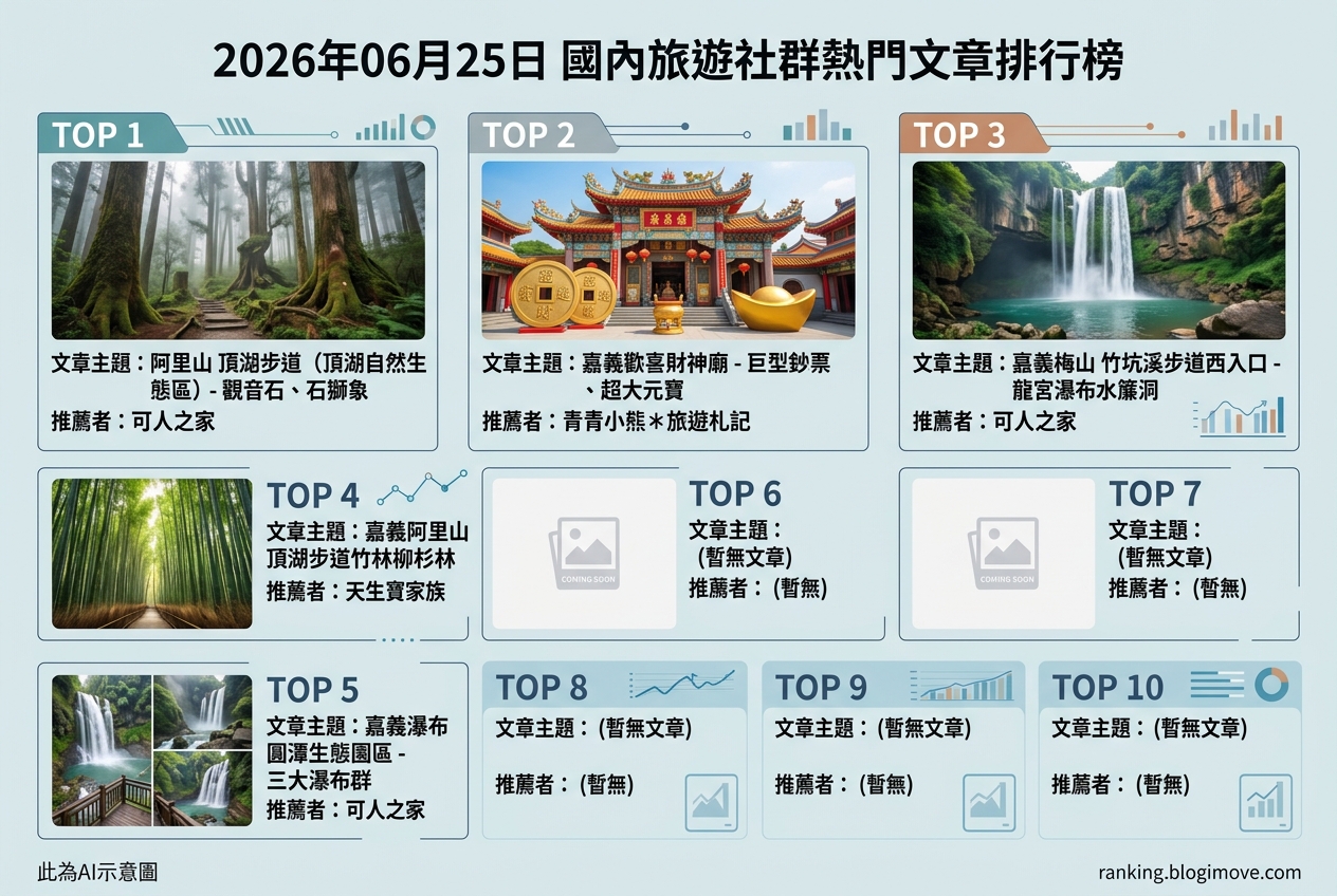 2026年06月25日 | 嘉義旅遊 | 熱門社群旅遊文章導讀：阿里山自然風光、瀑布秘境與特色廟宇。 @Blogimove Ranking