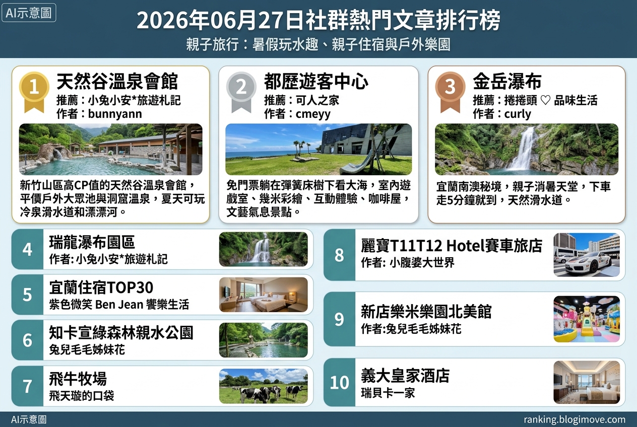 2026年06月27日| 親子旅行 | 熱門社群旅遊文章導讀：暑假玩水趣、親子住宿與戶外樂園。 @Blogimove Ranking