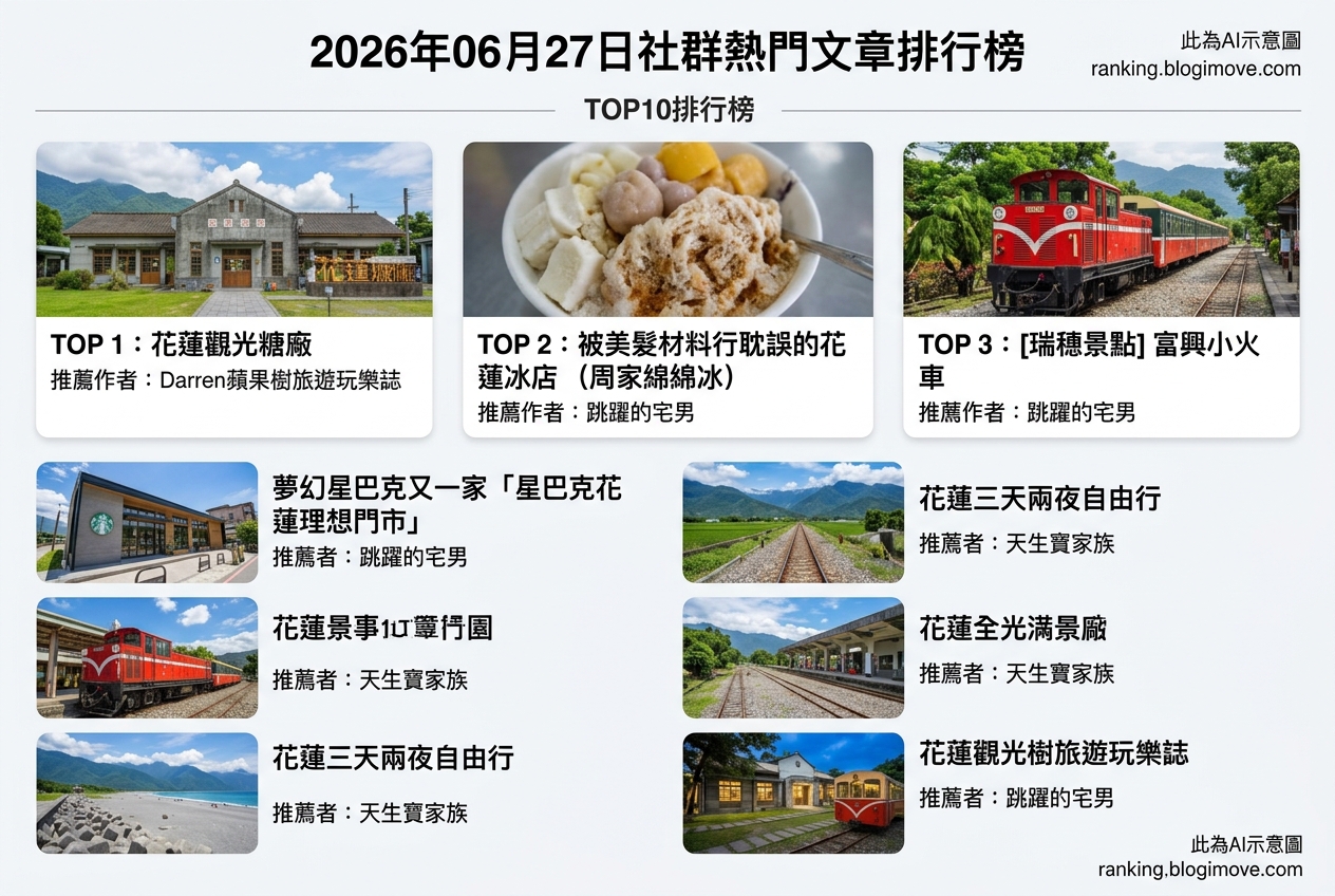 2026年06月27日 | 花蓮景點 | 熱門社群文章導讀：花蓮觀光、特色冰品與療癒景點。 @Blogimove Ranking