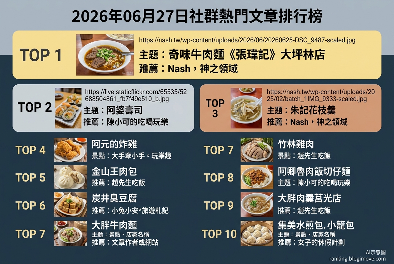 2026年06月27日| 新北美食 | 熱門社群美食文章導讀：牛肉麵、壽司、炸雞與銅板小吃引領話題 @Blogimove Ranking