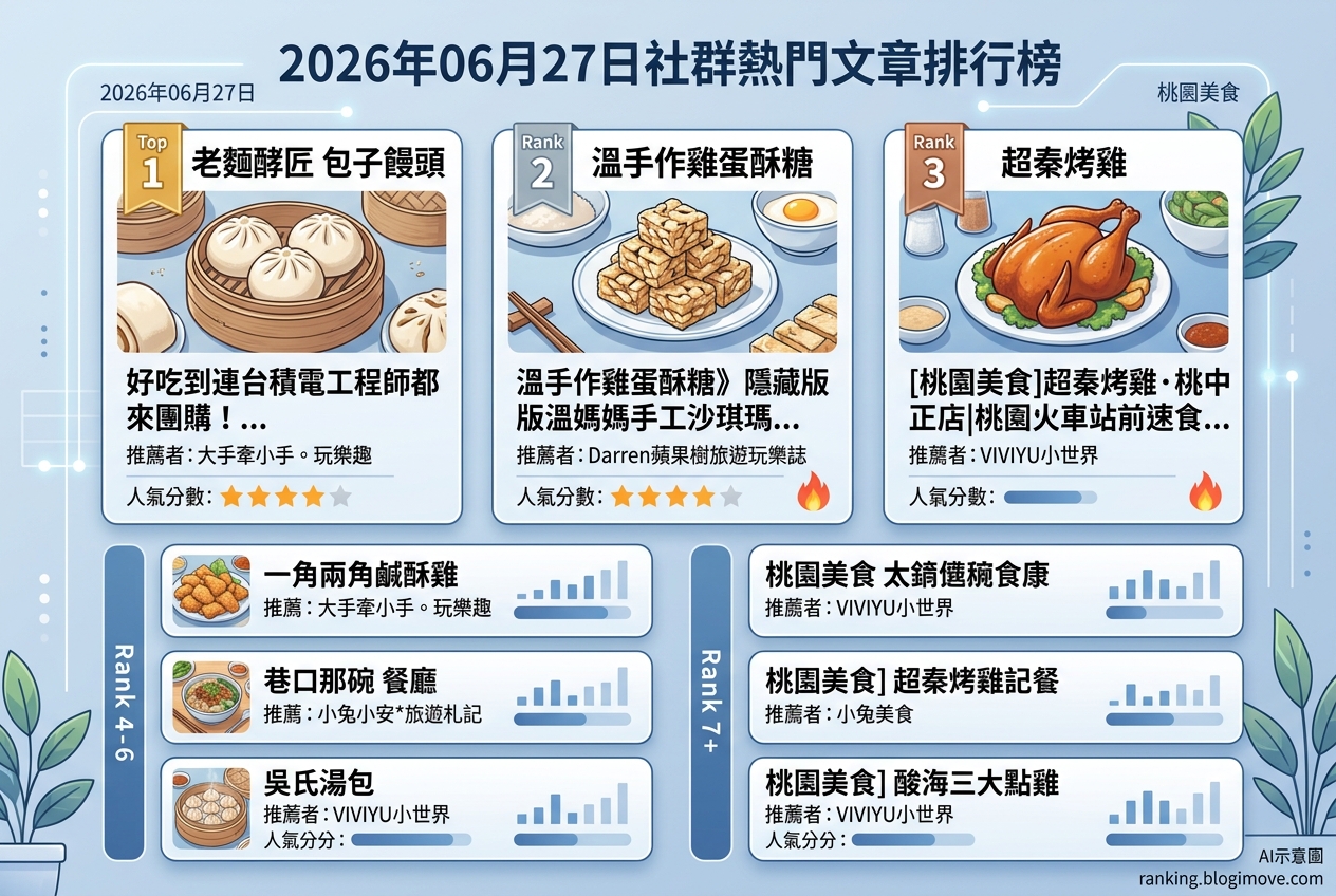 2026年06月27日 | 桃園美食 | 熱門社群美食文章導讀：老麵包子、在地老味道與高人氣炸物。 @Blogimove Ranking