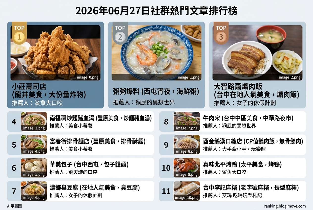 2026年06月27日| 台中美食 | 熱門社群美食文章導讀：炸物、海鮮粥與爌肉飯引領話題 @Blogimove Ranking