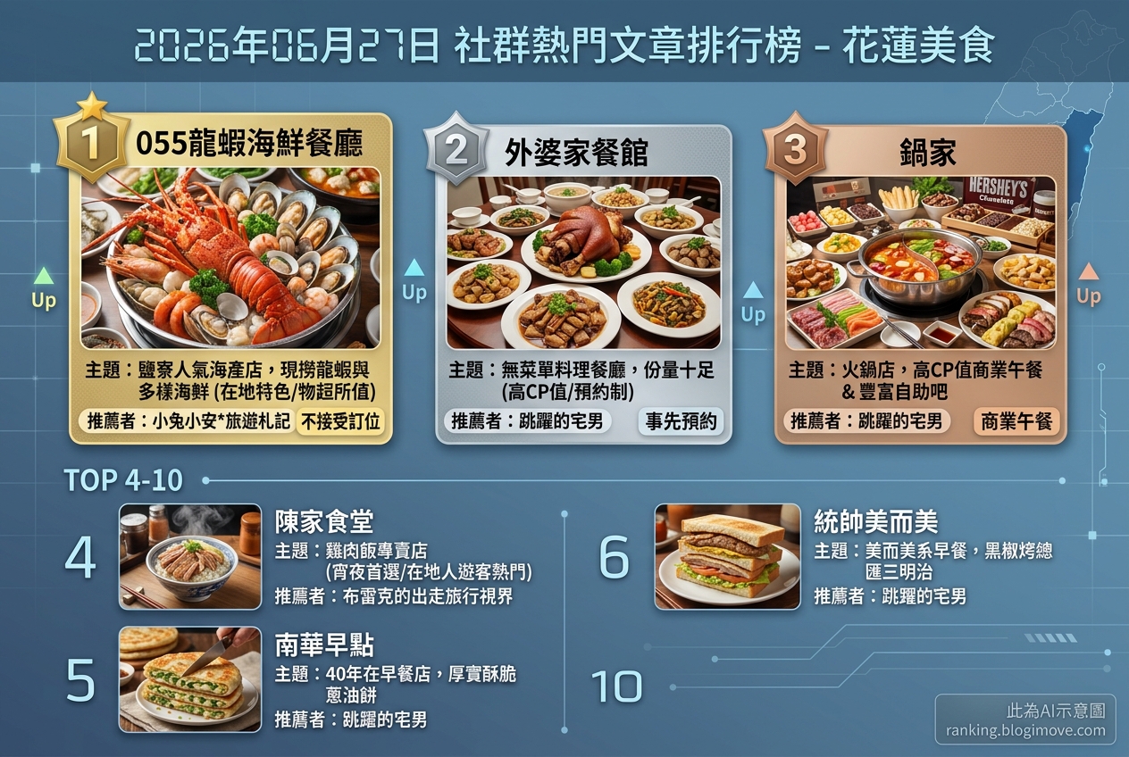 2026年06月27日| 花蓮美食 | 熱門社群美食文章導讀：龍蝦海鮮、無菜單料理與高CP值火鍋自助吧。 @Blogimove Ranking