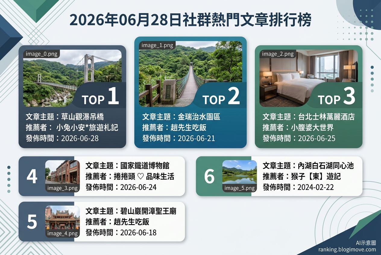 2026年06月28日 | 台北景點 | 熱門社群文章導讀：大台北森林秘境、鐵道文化與湖光山色。 @Blogimove Ranking