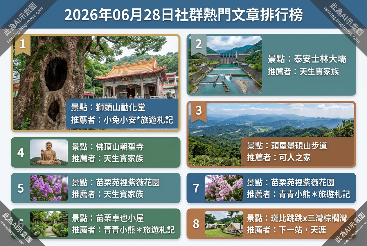 2026年06月28日 | 苗栗景點 | 熱門社群旅遊文章導讀：山林步道、季節花海與豪華露營。 @Blogimove Ranking