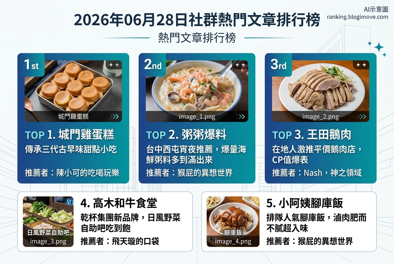 2026年06月28日| 台中美食 | 熱門社群美食文章導讀：城門雞蛋糕、粥粥爆料與王田鵝肉引領人氣 @Blogimove Ranking