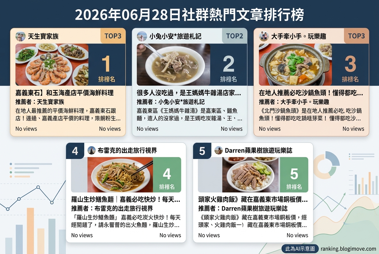 2026年06月28日| 嘉義美食 | 熱門社群美食文章導讀：在地人推薦必吃沙鍋魚頭、平價海鮮與炭火快炒。 @Blogimove Ranking