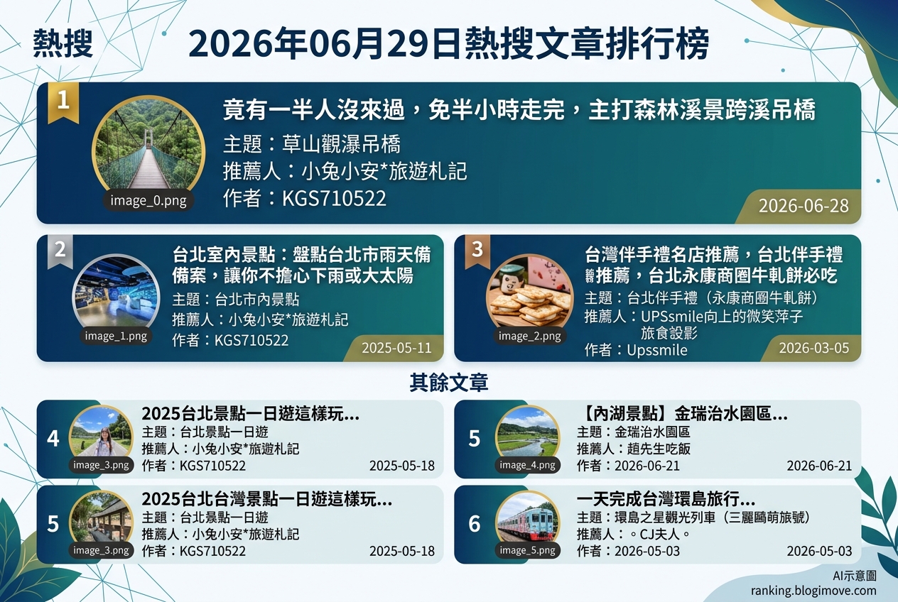 2026年06月29日| 台北景點 | 熱搜旅遊文章導讀：草山觀瀑吊橋、台北室內景點與台北一日遊。 @Blogimove Ranking