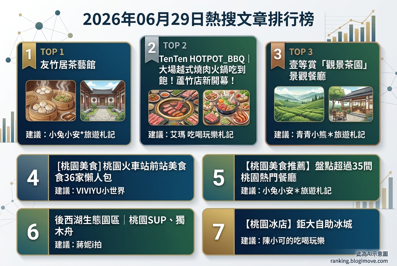 2026年06月29日| 桃園美食 | 熱搜趨勢導讀：港點茶館、吃到飽燒肉與冰品老店引領人氣。 @Blogimove Ranking