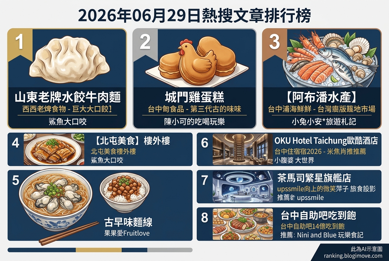2026年06月29日 | 台中美食 | 熱搜文章導讀：巨無霸水餃、傳承三代雞蛋糕與台版築地市場。 @Blogimove Ranking