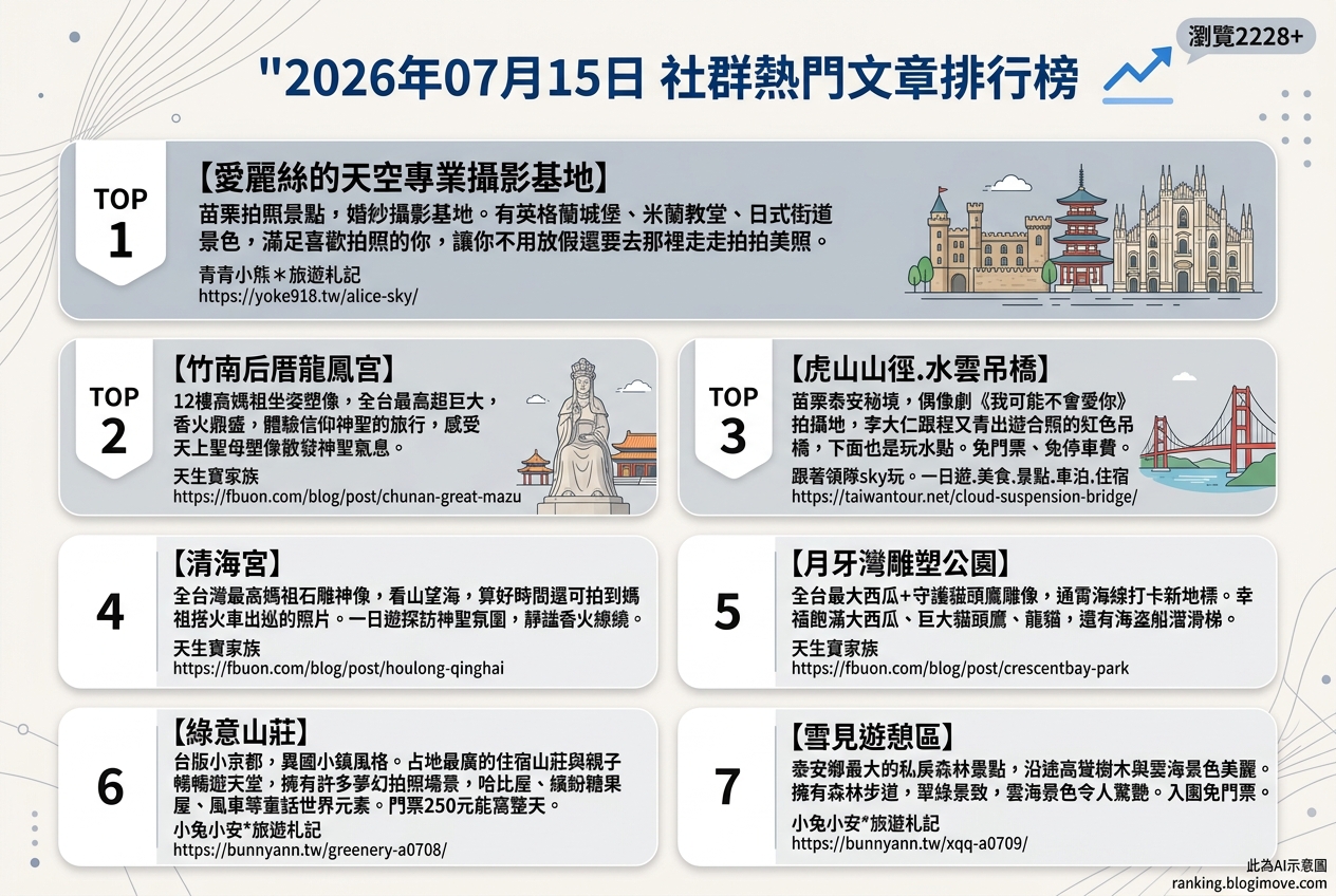 2026年07月15日 | 苗栗景點 | 熱門社群文章導讀:苗栗多元景點探索 – 異國風情、宗教文化與自然秘境 2026年07月15日 | 苗栗景點 | 熱門社群文章導讀:苗栗多元景點探索 – 異國風情、宗教文化與自然秘境 @Blogimove Ranking