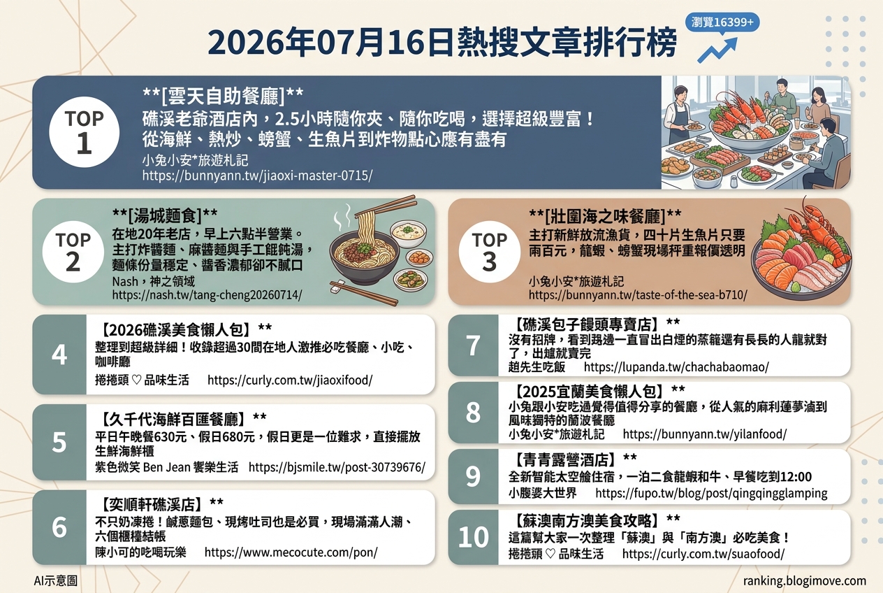 2026年07月16日| 台灣美食 | 熱搜文章導讀:宜蘭海鮮吃到飽、礁溪伴手禮與在地人氣麵館。 2026年07月16日| 台灣美食 | 熱搜文章導讀:宜蘭海鮮吃到飽、礁溪伴手禮與在地人氣麵館。 @Blogimove Ranking