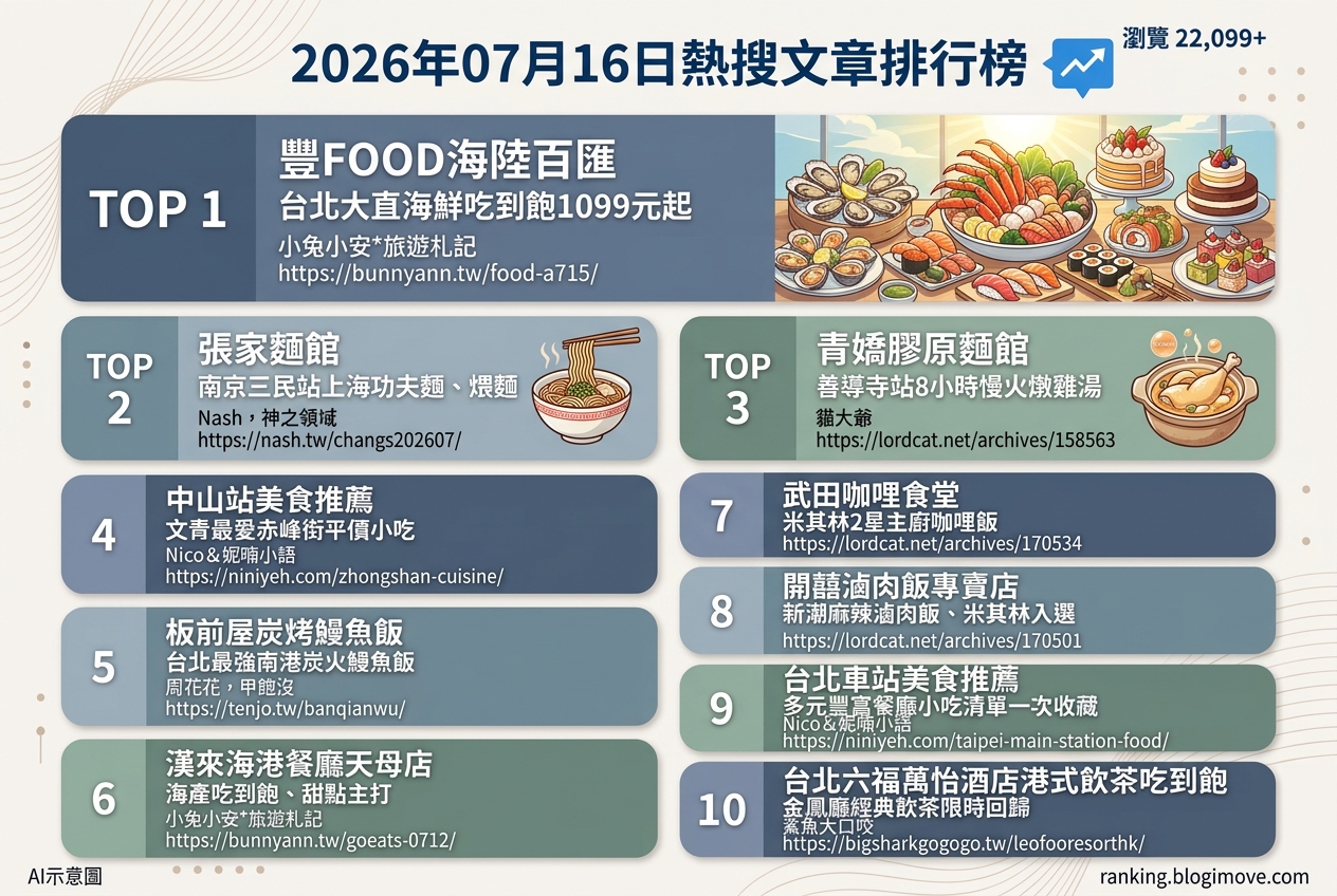 2026年07月16日 | 台北美食 | 熱搜文章導讀:海鮮吃到飽、米其林推薦咖哩與經典台菜躍居人氣榜單 2026年07月16日 | 台北美食 | 熱搜文章導讀:海鮮吃到飽、米其林推薦咖哩與經典台菜躍居人氣榜單 @Blogimove Ranking
