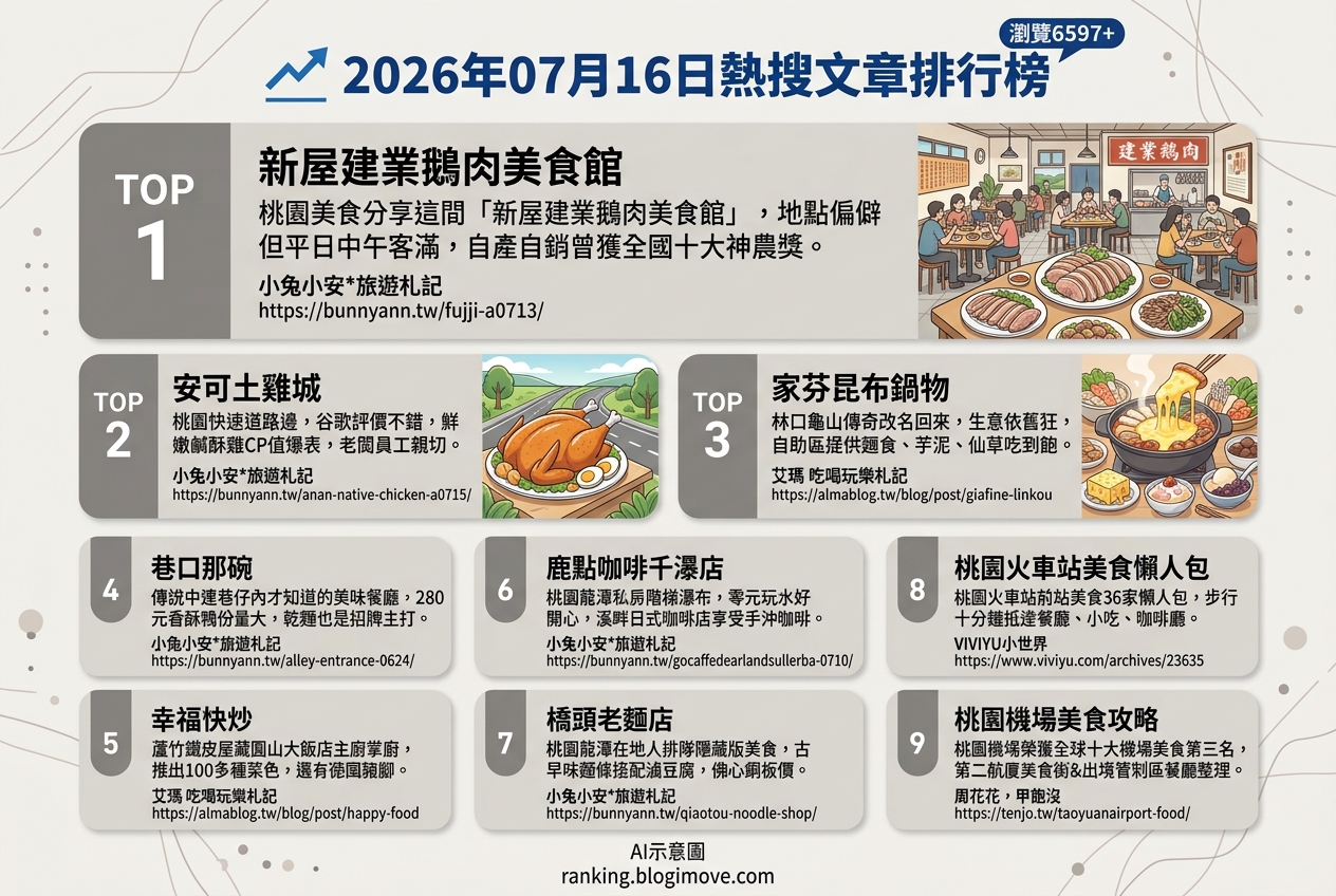 2026年07月16日 | 桃園美食 | 熱搜文章導讀:私房鵝肉、神秘白斬雞與機場美食攻略 2026年07月16日 | 桃園美食 | 熱搜文章導讀:私房鵝肉、神秘白斬雞與機場美食攻略 @Blogimove Ranking