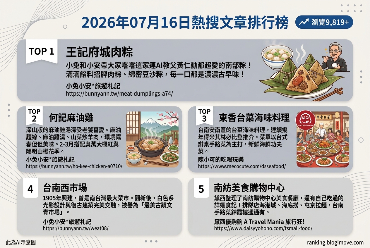 2026年07月16日| 美食 | 熱搜文章導讀:AI教父也愛的南部粽、台南米其林餐廳與最美市場 2026年07月16日| 美食 | 熱搜文章導讀:AI教父也愛的南部粽、台南米其林餐廳與最美市場 @Blogimove Ranking