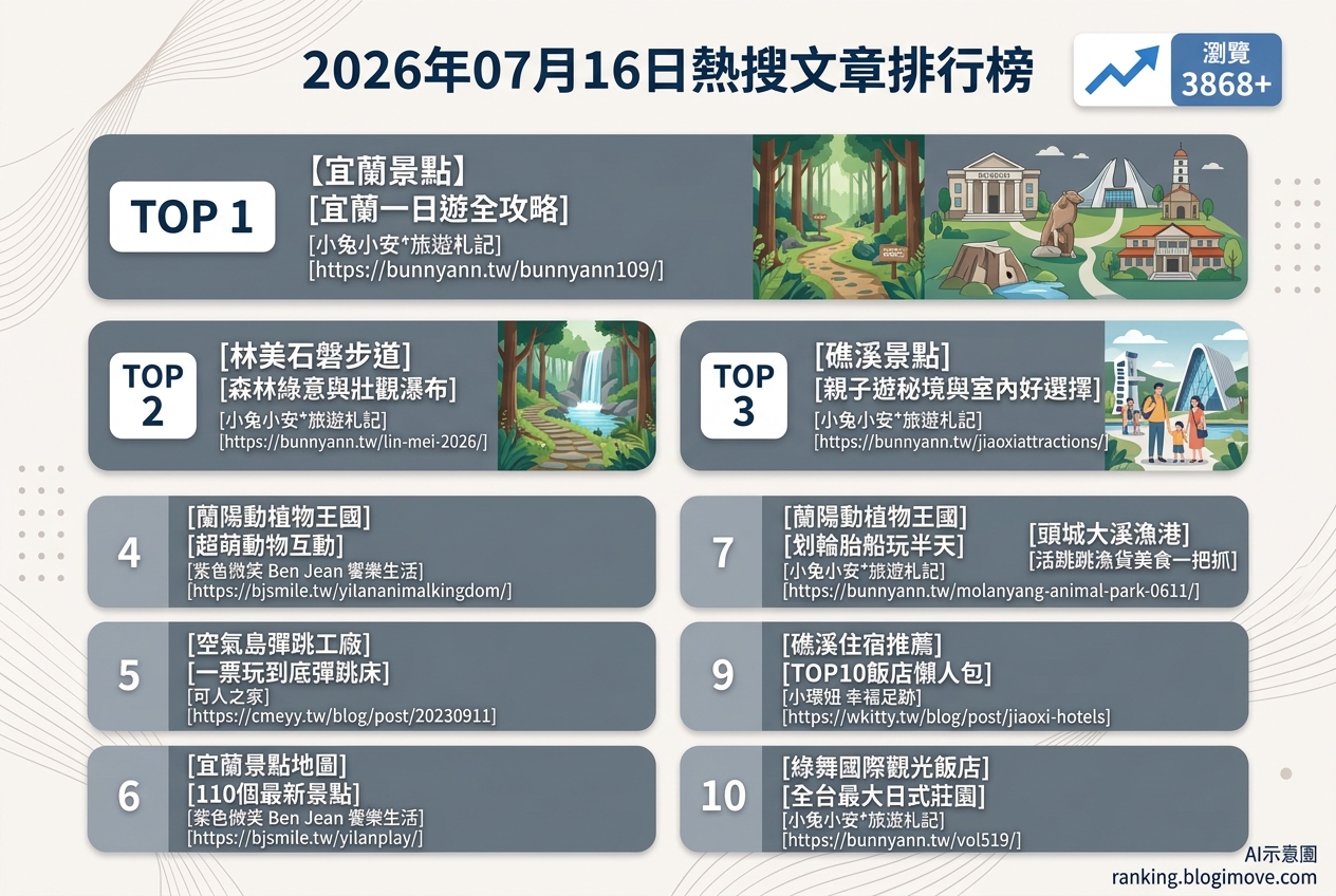 2026年07月16日| 宜蘭景點 | 熱搜文章導讀：宜蘭親子景點、室內遊樂場與特色住宿攻略 @Blogimove Ranking