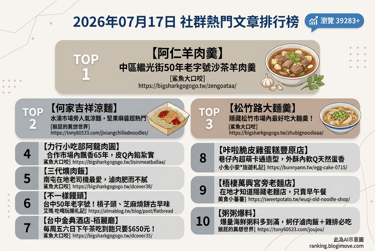 2026年07月17日| 美食 | 熱門社群文章導讀：台中在地人氣老店與銅板美食饗宴 @Blogimove Ranking