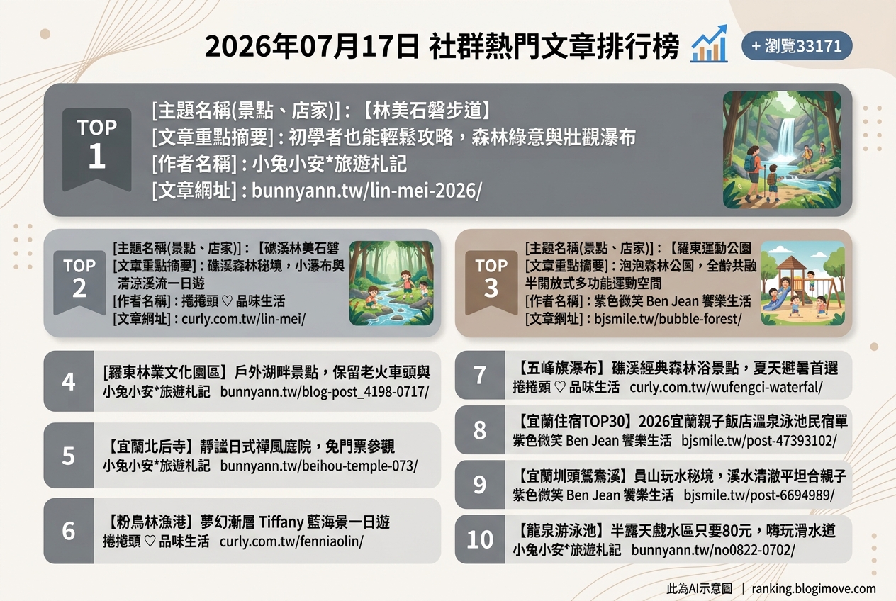 2026年07月17日| 宜蘭景點 | 熱門社群文章導讀：宜蘭林美石磐步道、羅東運動公園與粉鳥林海景引領夏日旅遊熱潮 @Blogimove Ranking