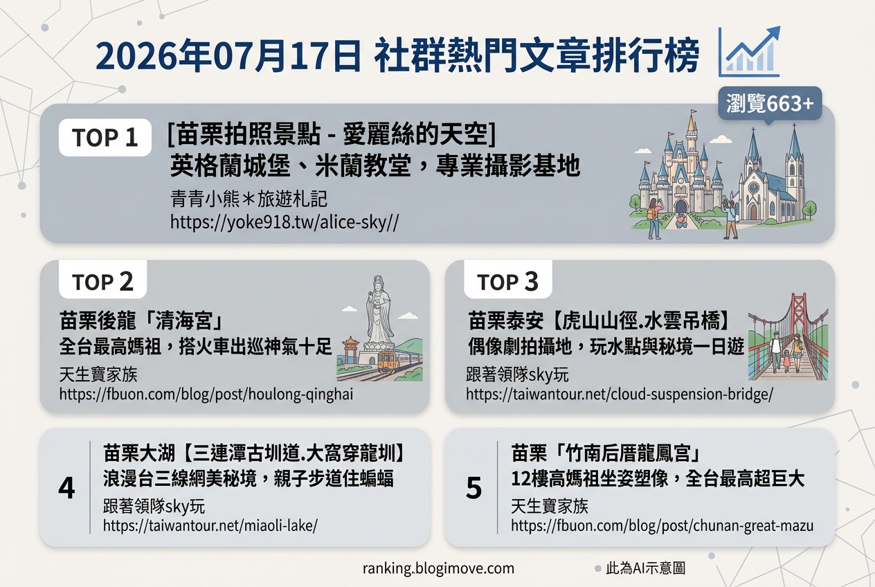 2026年07月17日| 苗栗景點 | 熱門社群文章導讀：苗栗特色景點、拍攝秘境與宗教文化探索 @Blogimove Ranking
