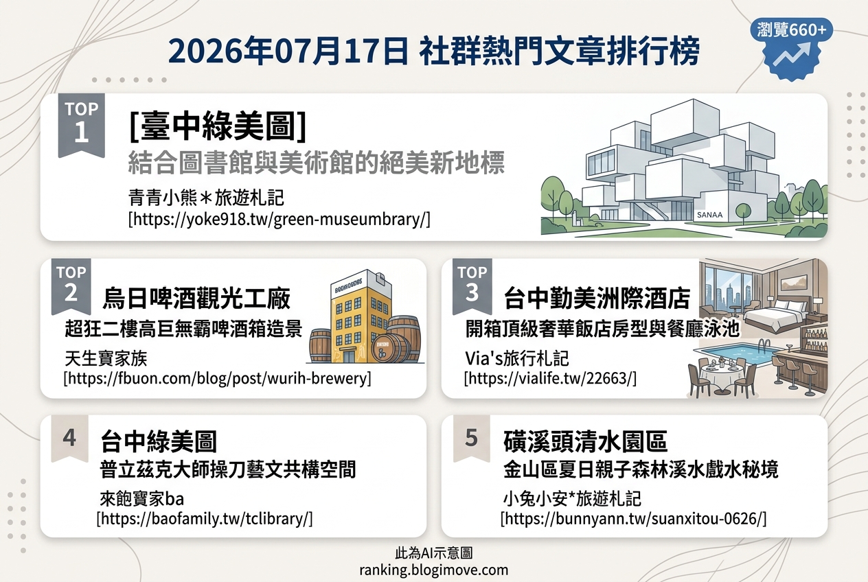 2026年07月17日 | 國內旅遊 | 熱門社群文章導讀：台中綠美圖、頂級住宿與夏日戲水秘境 @Blogimove Ranking