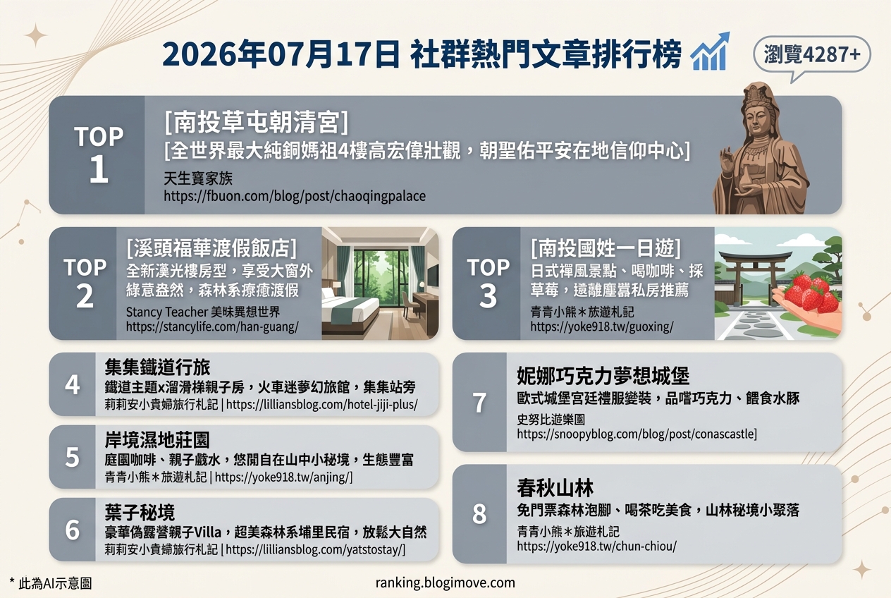 2026年07月17日| 南投景點 | 熱門社群文章導讀：南投朝聖祈福、森林療癒秘境與親子鐵道樂園 @Blogimove Ranking