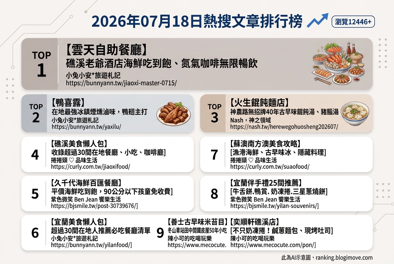 2026年07月18日 | 宜蘭美食 | 熱搜文章導讀:海鮮吃到飽、在地小吃與伴手禮攻略 2026年07月18日 | 宜蘭美食 | 熱搜文章導讀:海鮮吃到飽、在地小吃與伴手禮攻略 @Blogimove Ranking