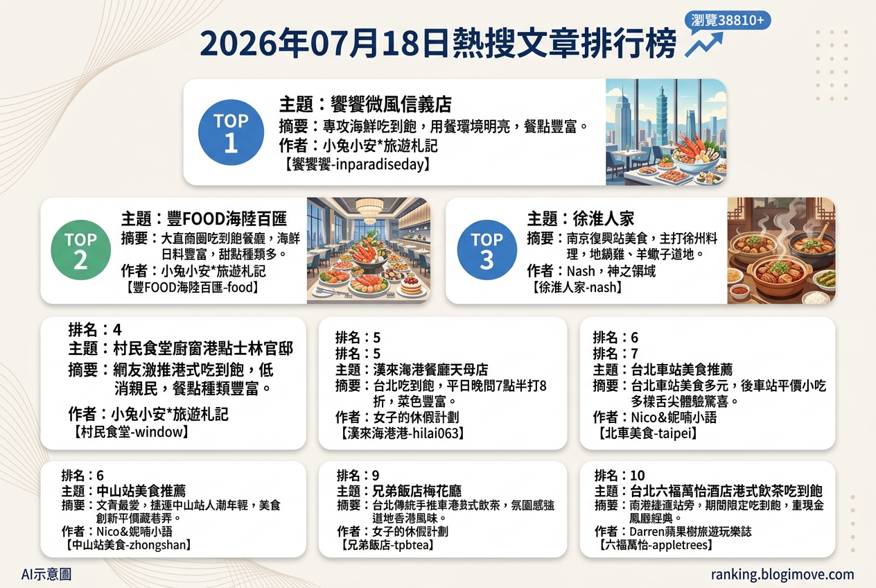2026年07月18日 | 台北美食 | 熱搜文章導讀:吃到飽饗宴、道地北方菜與人氣港點引領美食潮流 2026年07月18日 | 台北美食 | 熱搜文章導讀:吃到飽饗宴、道地北方菜與人氣港點引領美食潮流 @Blogimove Ranking