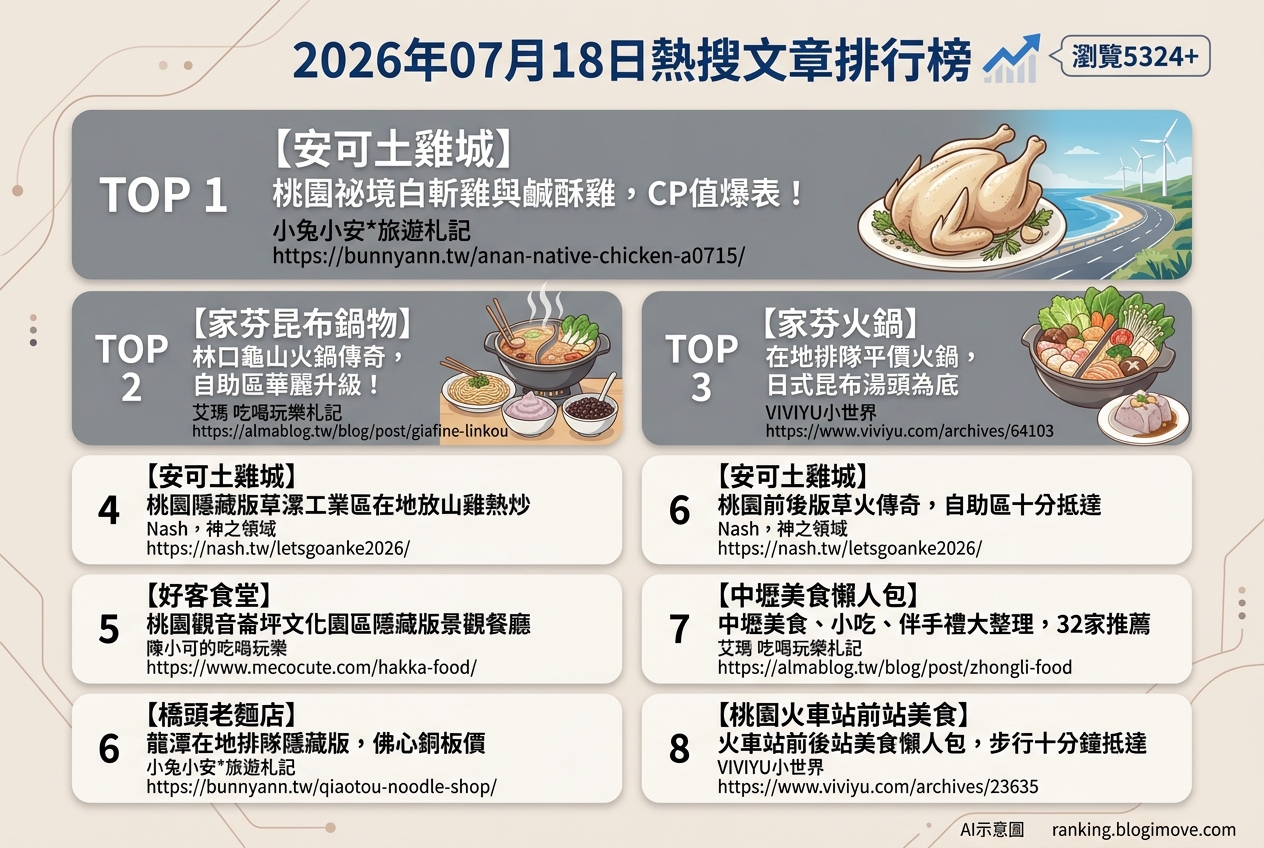2026年07月18日 | 台灣美食 | 熱搜文章導讀:桃園土雞城、林口火鍋吃到飽與中壢小吃懶人包 2026年07月18日 | 台灣美食 | 熱搜文章導讀:桃園土雞城、林口火鍋吃到飽與中壢小吃懶人包 @Blogimove Ranking