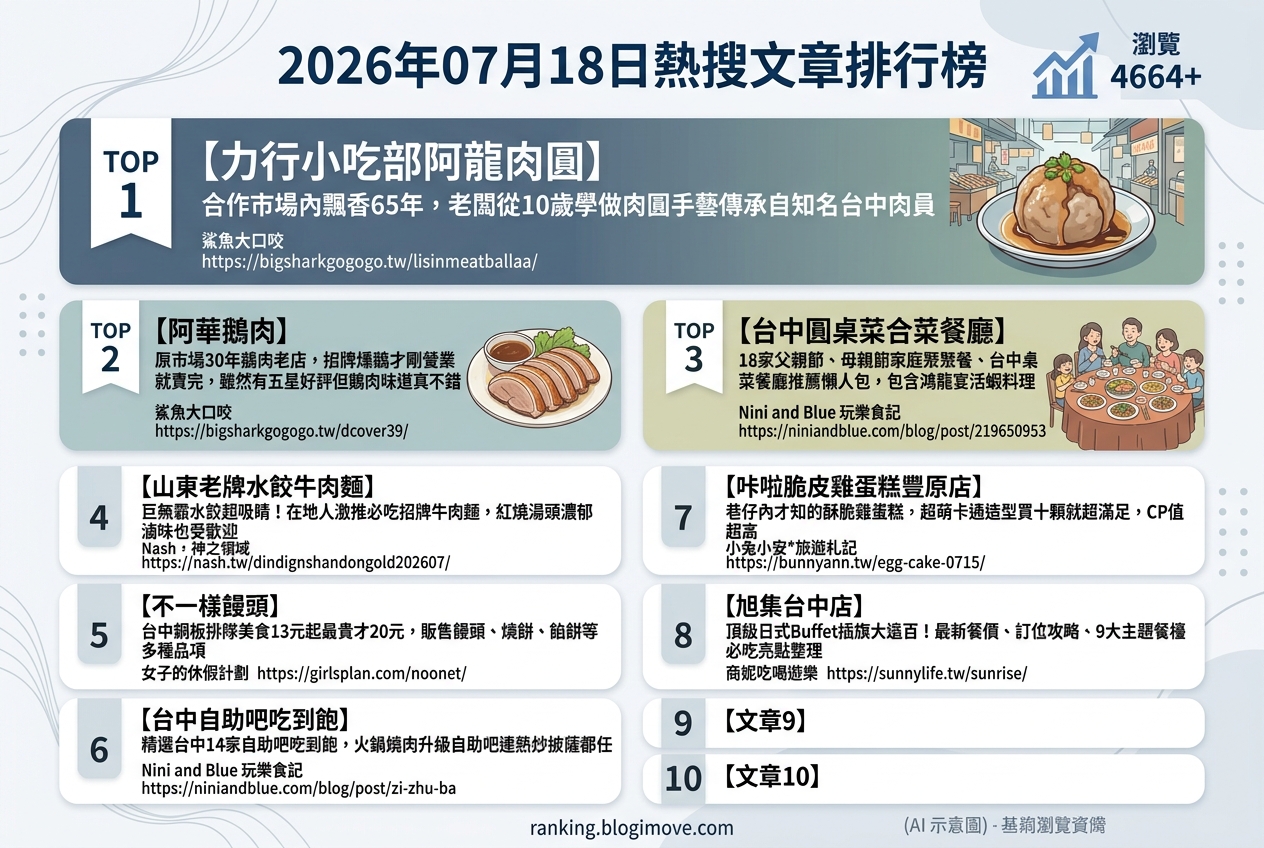 2026年07月18日| 台中美食 | 熱搜文章導讀:在地老店、人氣吃到飽與家庭聚餐新選擇 2026年07月18日| 台中美食 | 熱搜文章導讀:在地老店、人氣吃到飽與家庭聚餐新選擇 @Blogimove Ranking
