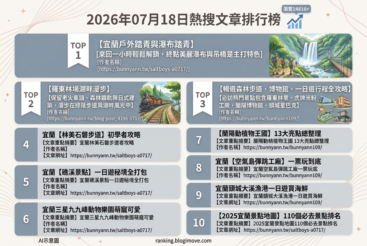 2026年07月18日 | 宜蘭景點 | 熱搜文章導讀：宜蘭戶外踏青、親子互動與水域樂園成焦點 @Blogimove Ranking