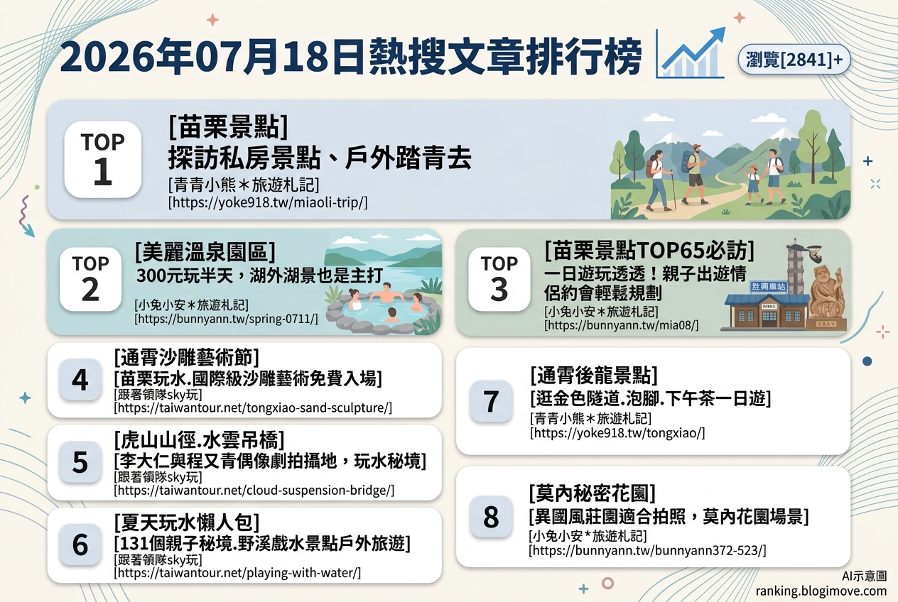 2026年07月18日| 苗栗景點 | 熱搜文章導讀:苗栗一日遊、沙雕藝術節與溫泉體驗。 2026年07月18日| 苗栗景點 | 熱搜文章導讀:苗栗一日遊、沙雕藝術節與溫泉體驗。 @Blogimove Ranking
