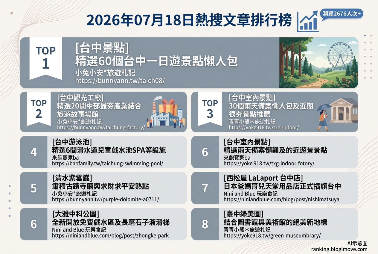 2026年07月18日| 國內旅遊 | 熱搜文章導讀:台中景點、室內遊樂與親子同樂熱點 2026年07月18日| 國內旅遊 | 熱搜文章導讀:台中景點、室內遊樂與親子同樂熱點 @Blogimove Ranking
