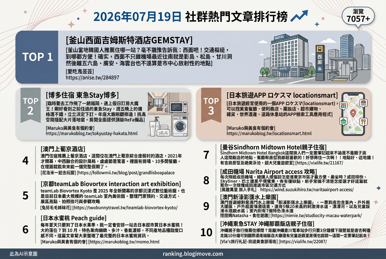 2026年07月19日| 國外旅行 | 熱門社群文章導讀：釜山海景、日本住宿與teamLab京都特展引領旅遊趨勢 @Blogimove Ranking