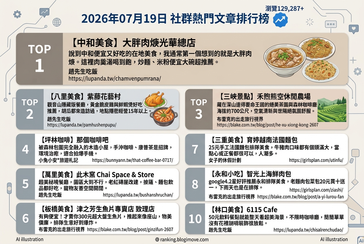 2026年07月19日 | 美食 | 熱門社群文章導讀：在地小吃、特色餐廳與銅板美食夯什麼？ @Blogimove Ranking