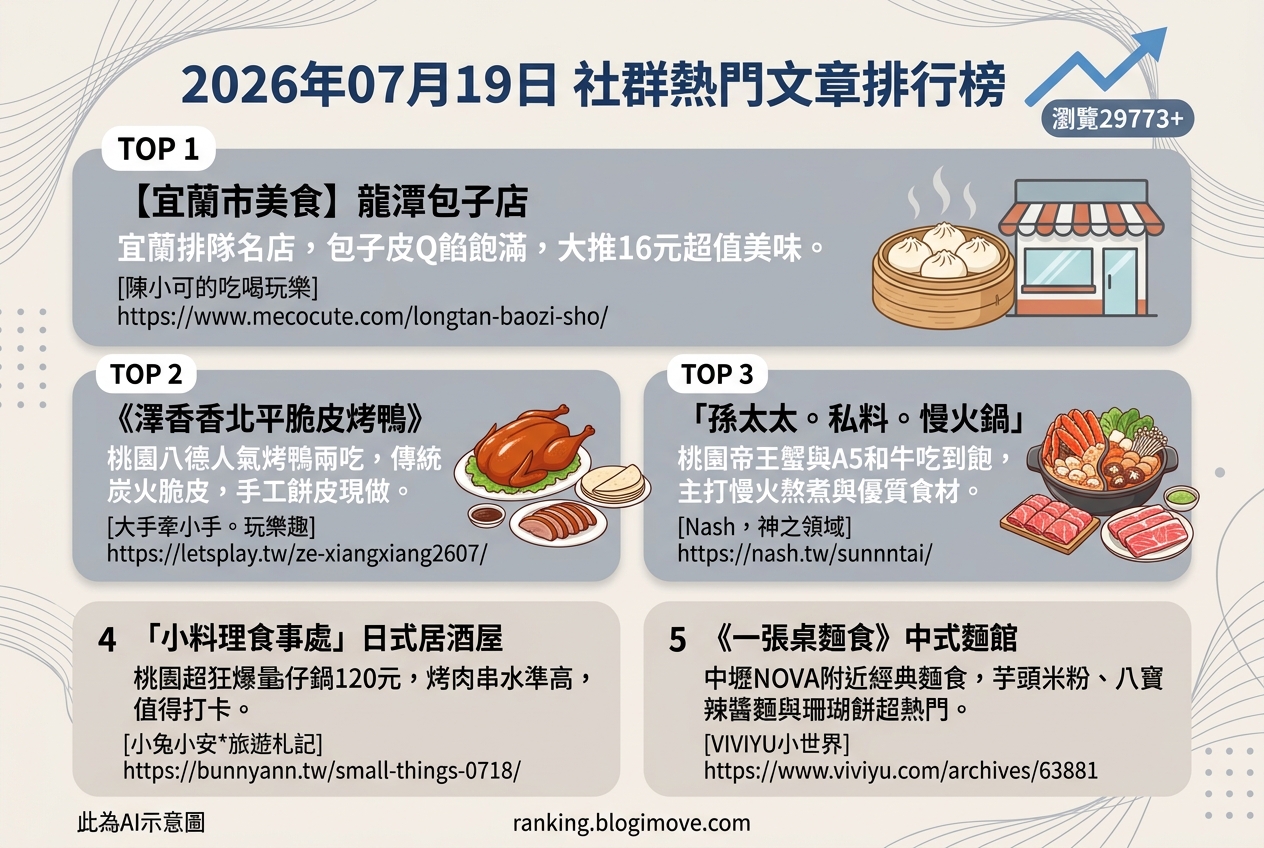 2026年07月19日 | 台灣美食 | 熱門社群文章導讀：宜蘭包子、桃園烤鴨與帝王蟹鍋物。 @Blogimove Ranking