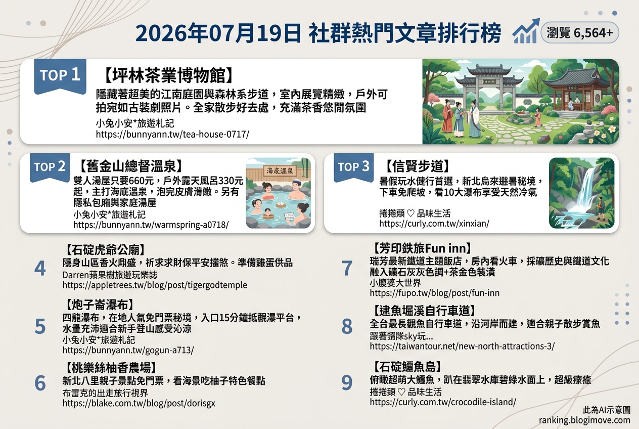 2026年07月19日 | 國內旅遊 | 熱門社群文章導讀：新北茶文化、秘境步道與特色住宿。 @Blogimove Ranking
