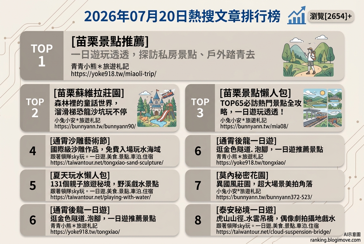2026年07月20日| 國內旅遊 | 熱搜文章導讀：苗栗景點、夏日玩水與親子樂園一覽 @Blogimove Ranking