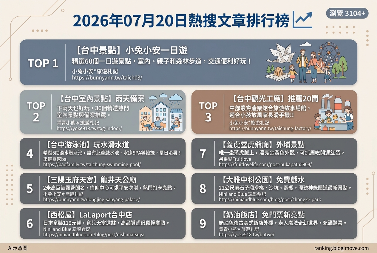 2026年07月20日| 國內旅遊 | 熱搜文章導讀：台中親子景點、夏日玩水與特色觀光工廠。 @Blogimove Ranking
