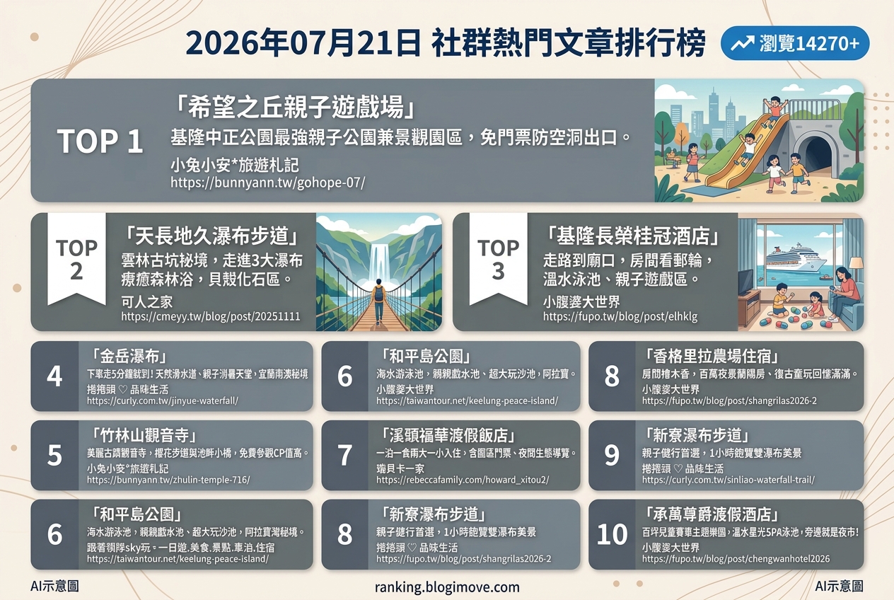 2026年07月21日| 親子旅行 | 熱門社群文章導讀：基隆水域樂園、瀑布健行與親子住宿。 @Blogimove Ranking