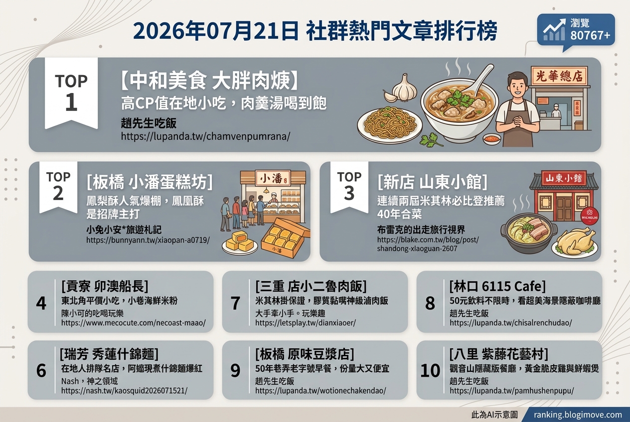 2026年07月21日| 台灣美食 | 熱門社群文章導讀：高CP值在地小吃、米其林推薦與療癒系甜點。 @Blogimove Ranking