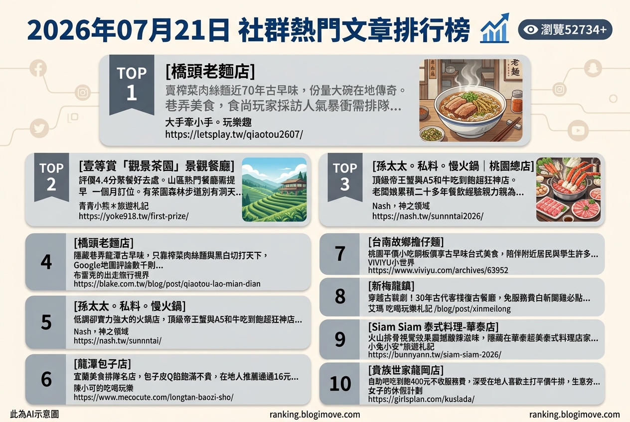 2026年07月21日 | 桃園美食 | 熱門社群文章導讀：七十年老麵店、帝王蟹火鍋與復古客棧 @Blogimove Ranking