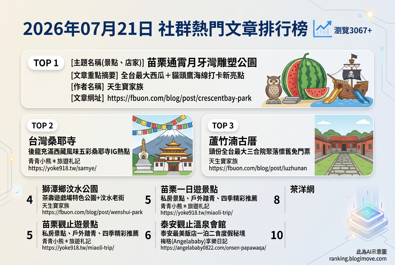 2026年07月21日 | 苗栗景點 | 熱門社群文章導讀：海線打卡新亮點、西藏風情寺廟與療癒溫泉秘境 @Blogimove Ranking