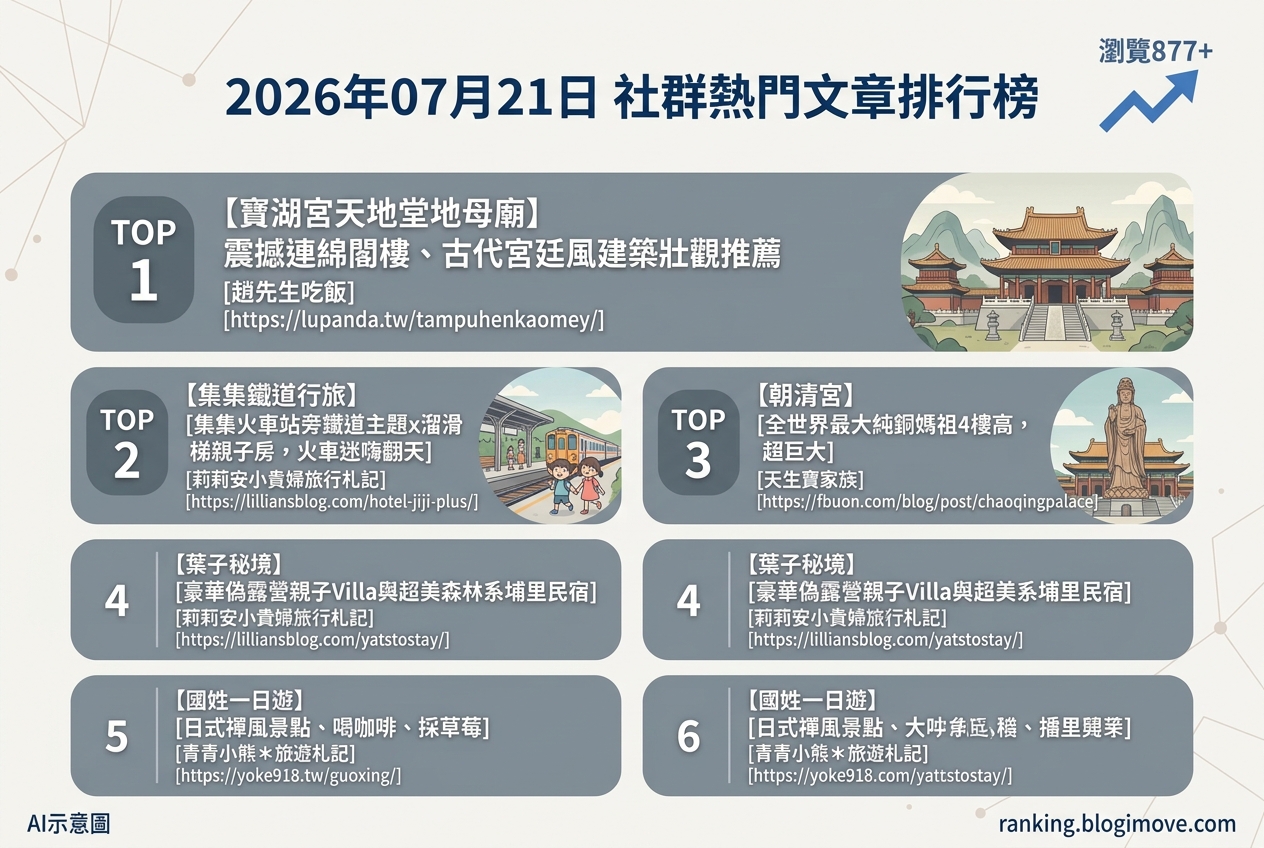 2026年07月21日| 國內旅遊 | 熱門社群文章導讀：南投宮廟壯觀、集集親子住宿與國姓一日遊。 @Blogimove Ranking