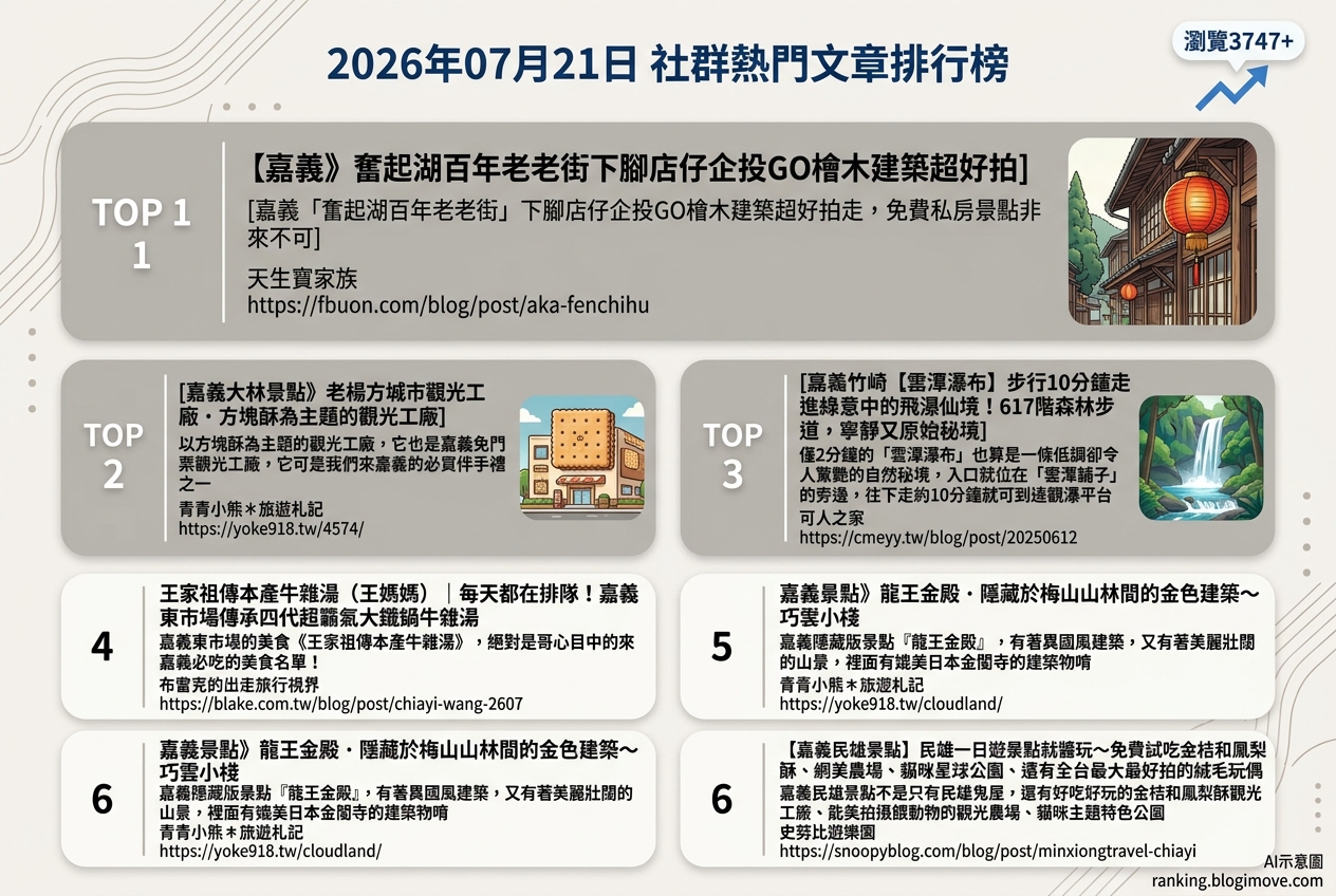 2026年07月21日| 國內旅遊 | 熱門社群文章導讀：嘉義奮起湖老街、王家牛雜湯與民雄一日遊。 @Blogimove Ranking