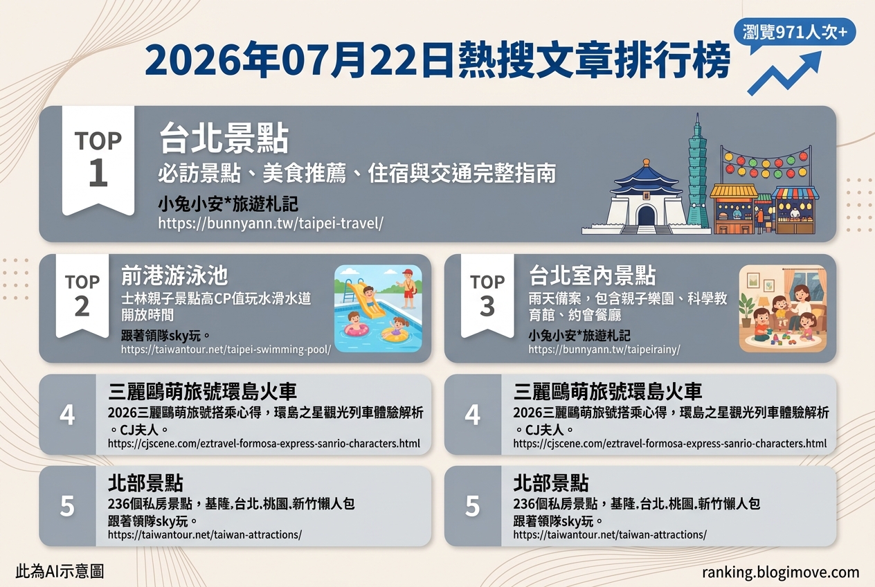 2026年07月22日| 國內旅遊 | 熱搜文章導讀：台北景點、親子戲水與環島列車體驗。 @Blogimove Ranking