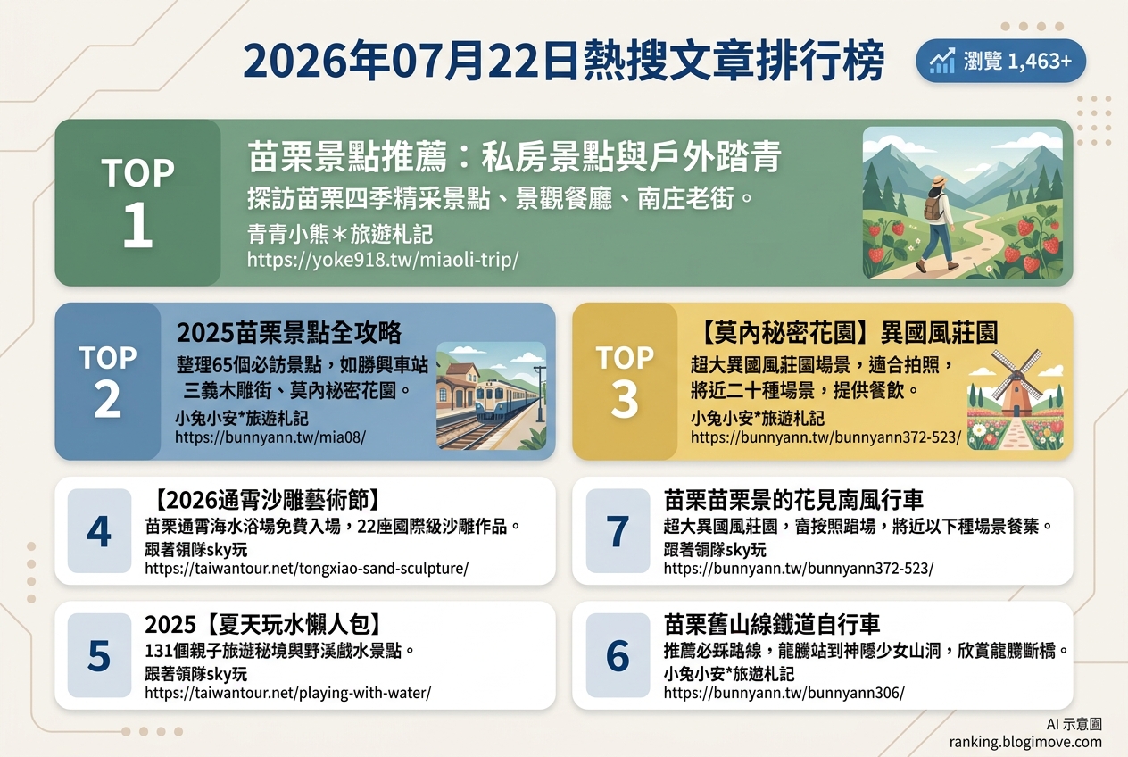 2026年07月22日 | 國內旅遊 | 熱門搜尋文章導讀：苗栗一日遊、夏日玩水與鐵道自行車。 @Blogimove Ranking