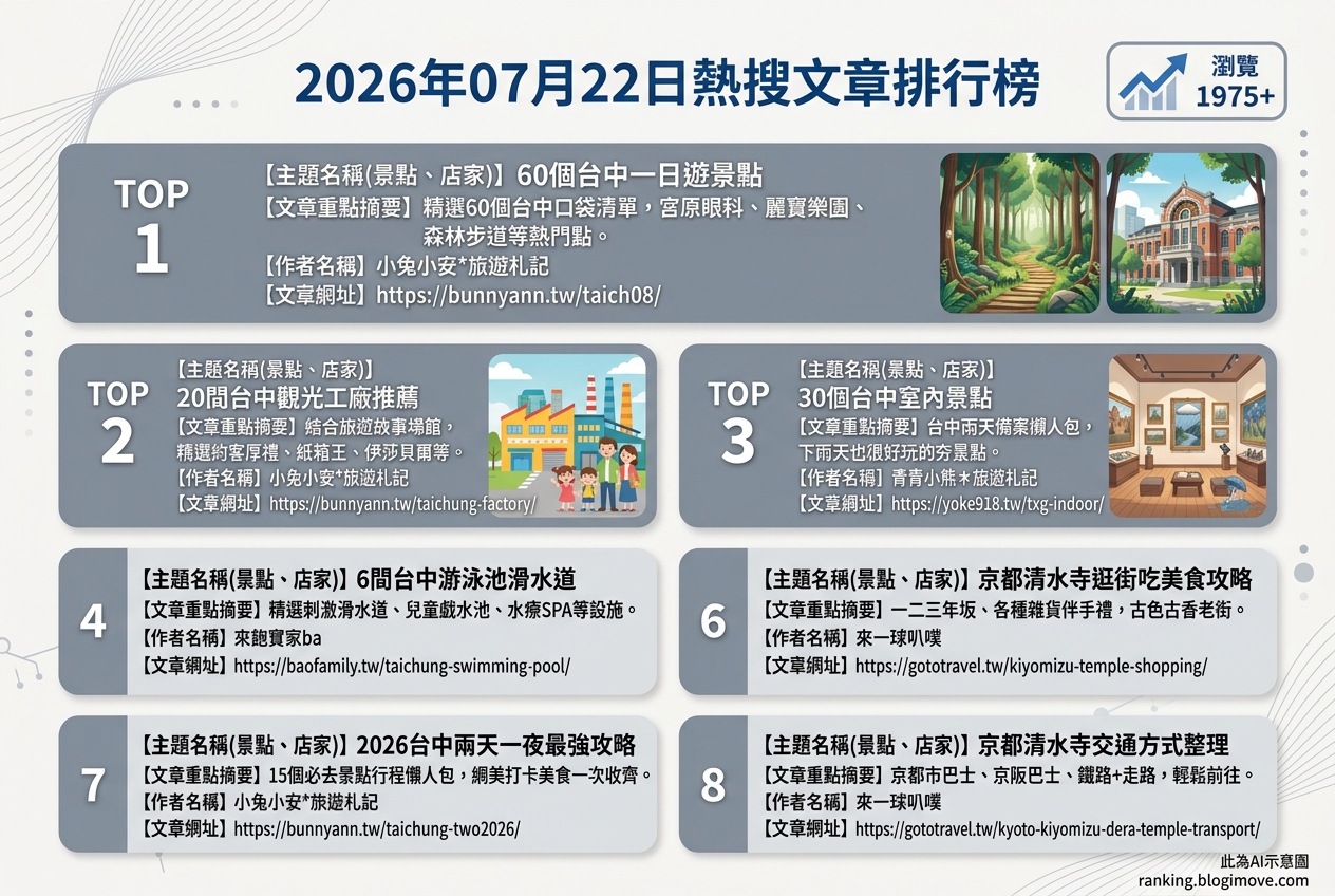 2026年07月22日| 國內旅遊 | 熱搜文章導讀：台中景點、親子活動與京都清水寺攻略 @Blogimove Ranking