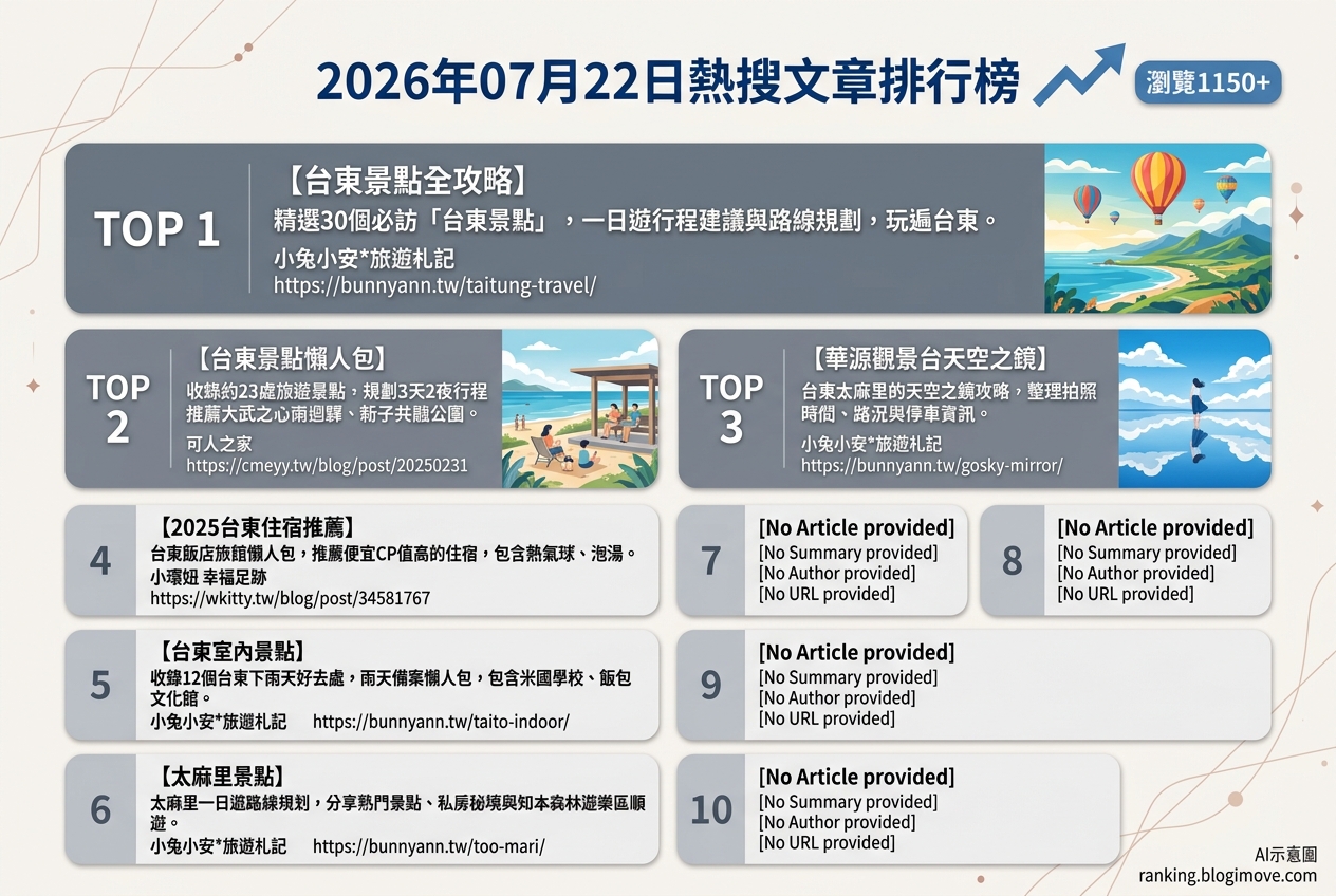 2026年07月22日| 國內旅遊 | 熱搜文章導讀：台東景點與住宿全攻略，晴雨天行程一次掌握 @Blogimove Ranking