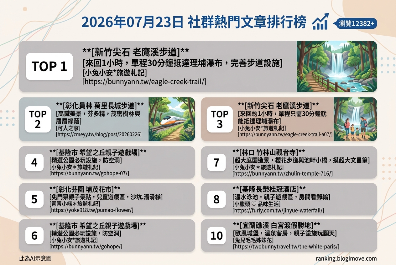 2026年07月23日 | 親子旅行 | 熱門社群文章導讀：新竹瀑布步道、彰化花市、基隆親子公園與宜蘭戲水天堂 @Blogimove Ranking