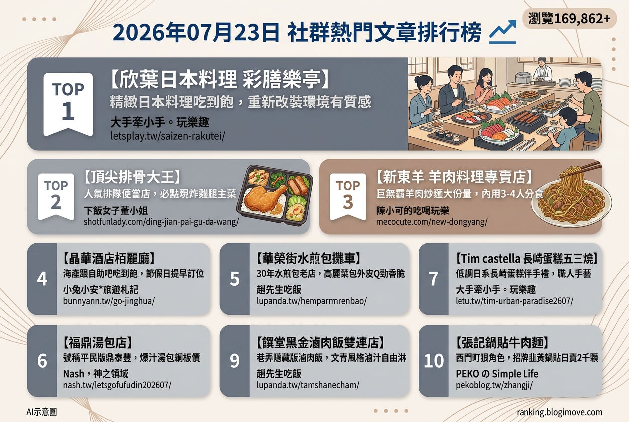 2026年07月23日 | 台北美食 | 熱門社群文章導讀：日式吃到飽、人氣便當與經典川菜的美味探索 @Blogimove Ranking